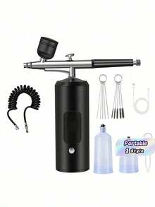 LCD Airbrush Kit, Includes Air Compressor, 3-Speed Wireless Airbrush Gun With Hose, 38PSI Portable Airbrush Suitable For Painting, Hairstyling, Model Making, Cake Decorating And More - Black - View 1