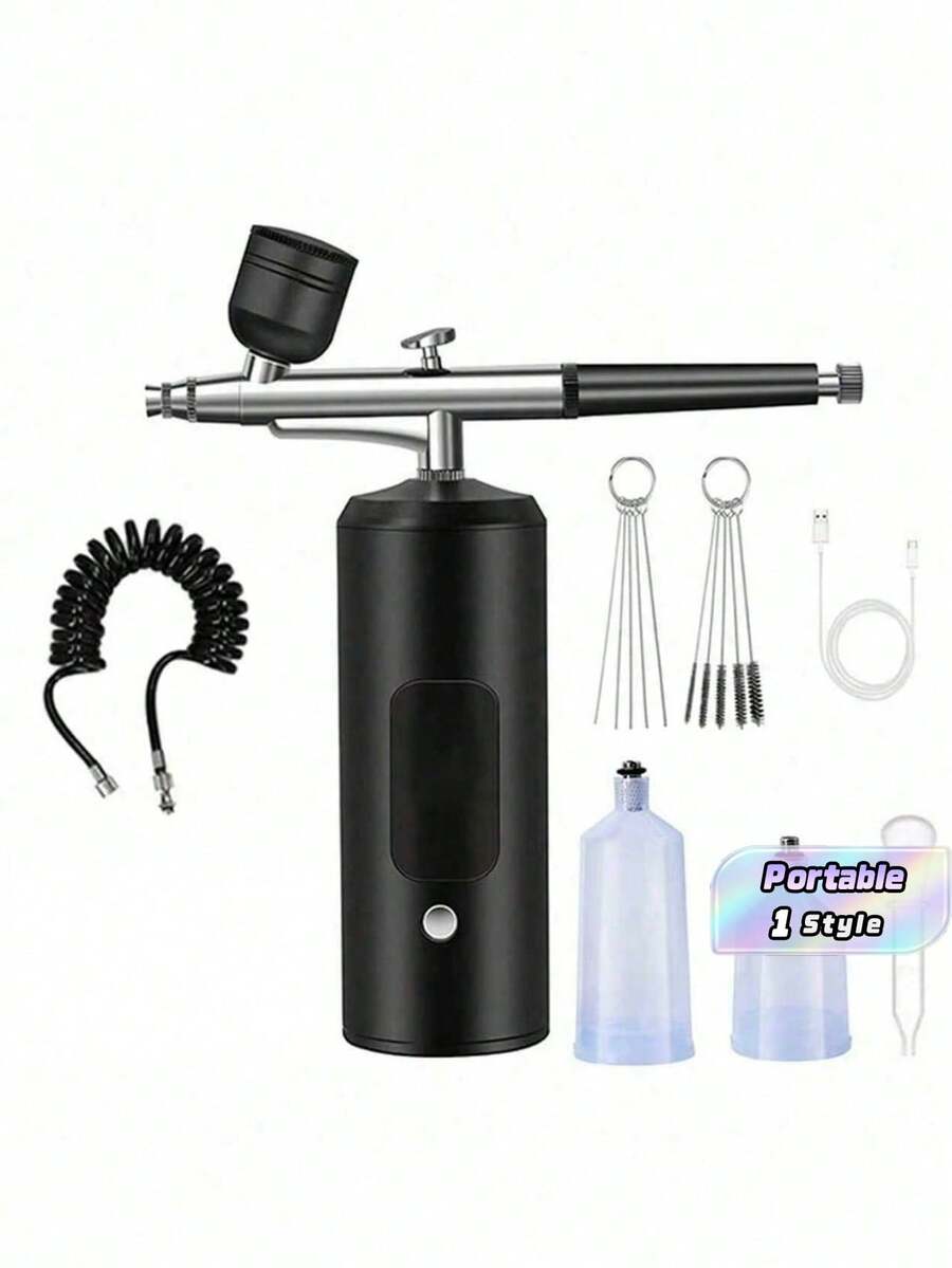 LCD Airbrush Kit, Includes Air Compressor, 3-Speed Wireless Airbrush Gun With Hose, 38PSI Portable Airbrush Suitable For Painting, Hairstyling, Model Making, Cake Decorating And More - Black - View 1