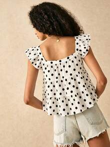 SHEIN Frenchy 女士休闲多层荷叶边宽松衬衫，波点衬衫，夏季套装 - 彩色 - 查看 3