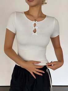 ajustada de manga corta y cuello cuadrado de unicolor para mujer, uso casual diario, tops cortos para mujer, tops lindos - Blanco 16 - Ver 6