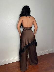 SHEIN SXY Sexy Lace Patchwork Plunging Neck Backless Halter Top And Pants Set - Brown - View 2