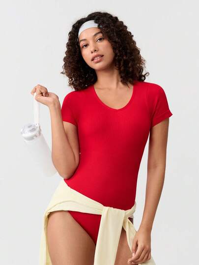 Loungeista Women Casual Solid Color V-Neck T-Shirt Body Suit , Briefs With Buckle Design ,Ribbed Tummy Control Seamless Bodysuitfor Summer