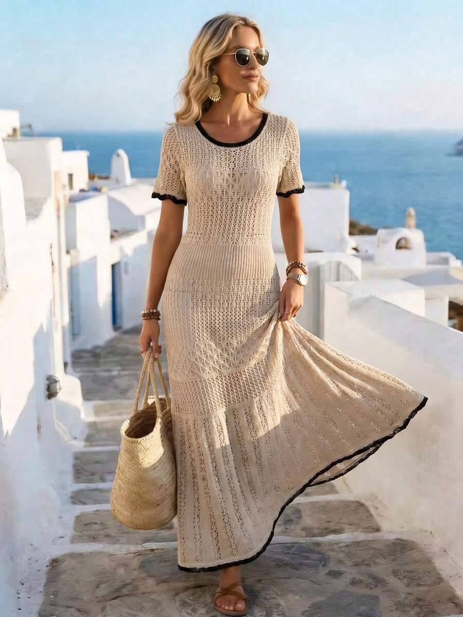 SHEIN Holidaya Đầm len nữ màu be dệt kim kiểu dáng châu Âu và Mỹ mùa xuân/hè 2026 mới, gợi cảm, ôm eo, thích hợp cho kỳ nghỉ, du lịch, hoạt động ngoài trời, lãng mạn, tiệc bãi biển, tụ họp buổi tối, ven biển, thoải mái. - Màu Khaki - Xem 1