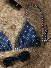SHEIN Swim Mod Áo bikini nữ chấm bi và sọc, buộc dây phía trước, hở lưng, gợi cảm, thích hợp cho kỳ nghỉ biển. - Màu xanh hải quân - Xem 3