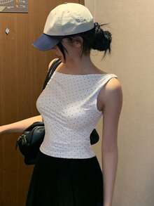 DAZY Áo thun nữ chấm bi cổ lệch dáng ôm, kiểu dáng thường ngày và thời trang cho kỳ nghỉ hè. - trắng - Xem 2