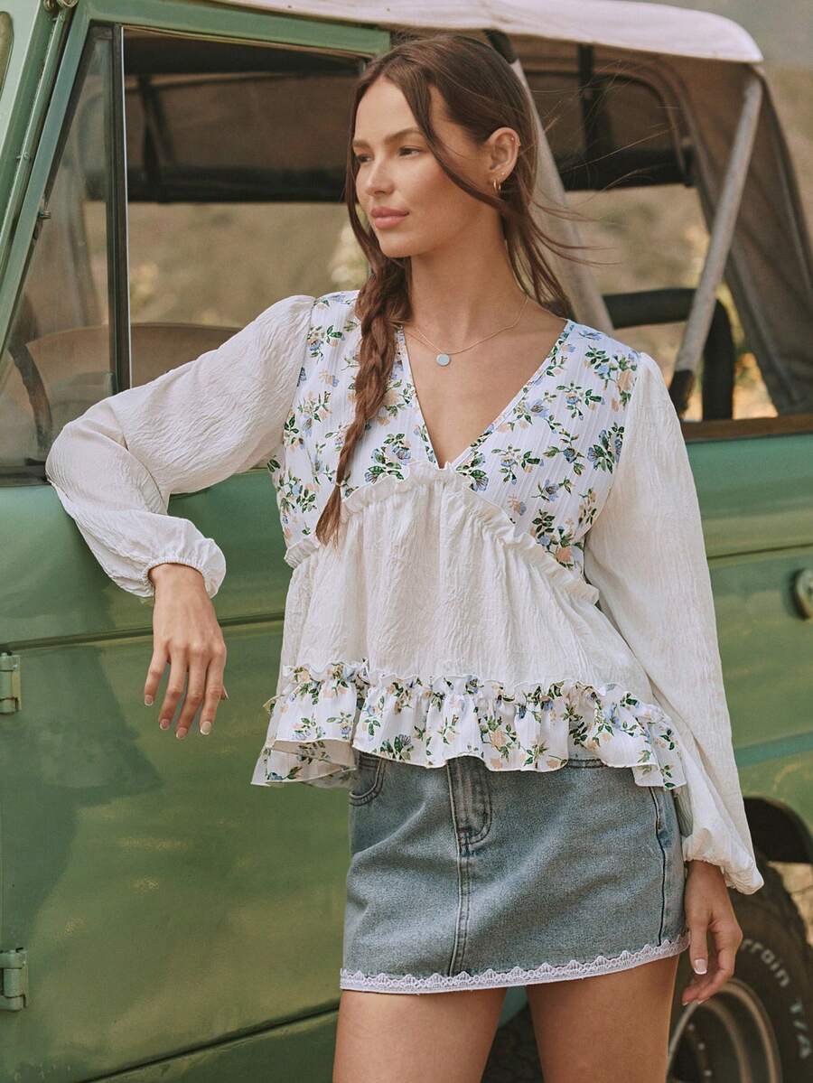 WESTFADE Blusa de estilo vaquera con estampado floral, cuello en V y mangas largas - Multicolor - Ver 1