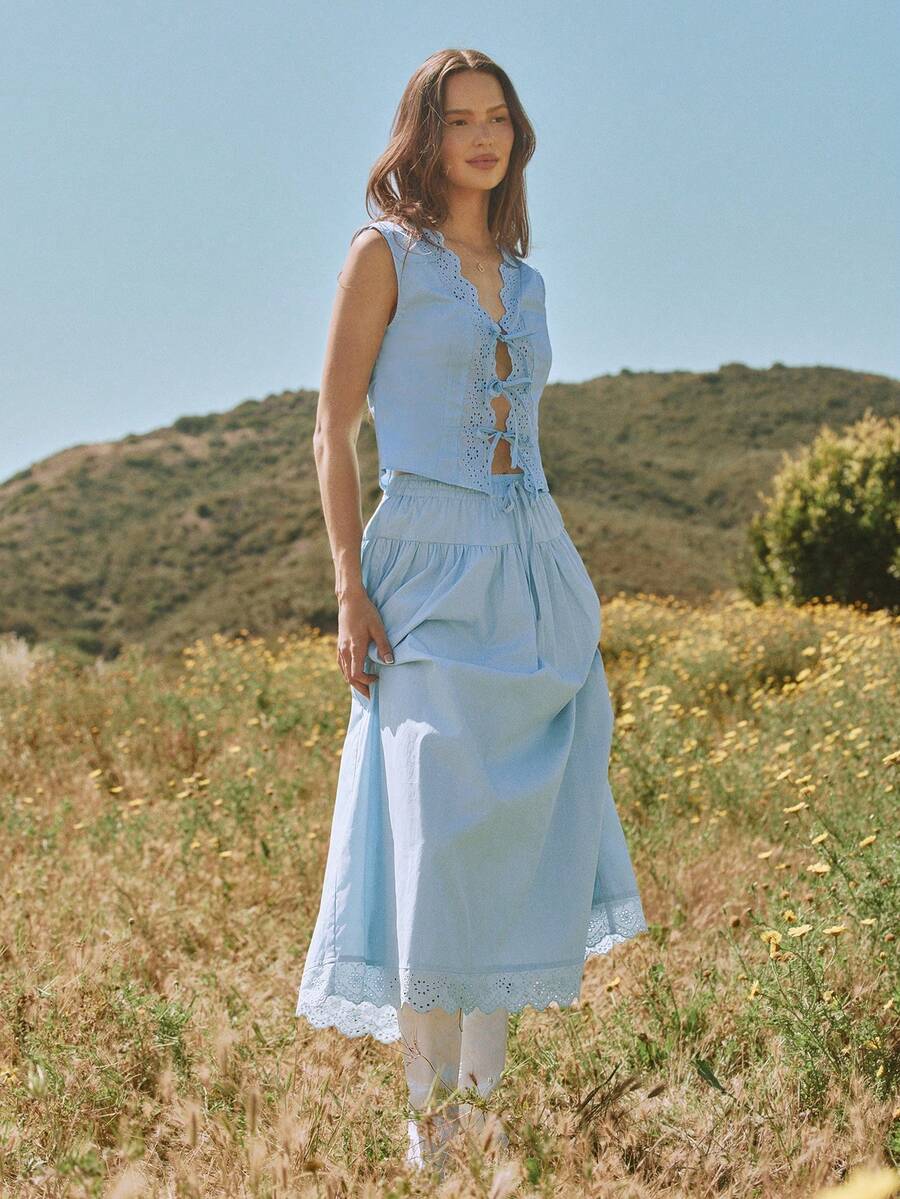 WESTFADE 100% Cotton & Floral Eyelet A Line Midi Skirt - Blue - View 1