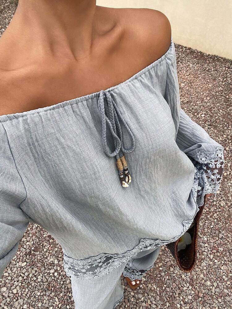 Women's Casual Off-Shoulder Mesh Patchwork Top And Pants 2 Pieces Set
