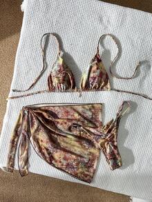 Costavie Bộ bikini 3 mảnh dành cho nữ, kiểu dáng cổ yếm, họa tiết ngẫu nhiên, đính kim loại, gồm áo và váy ngắn, thích hợp cho mùa xuân/hè. - Nhiều màu - Xem 2