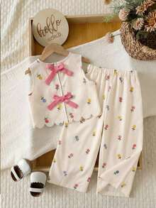 2pcs/Set Casual Digital Print Bow Decor Cute Outfit - Apricot - View 1