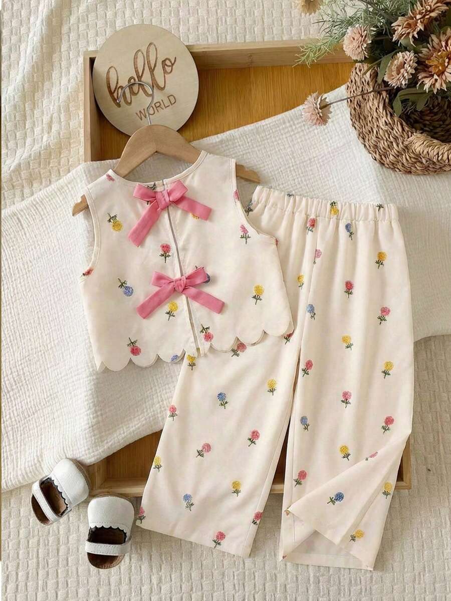 2pcs/Set Casual Digital Print Bow Decor Cute Outfit - Apricot - View 1