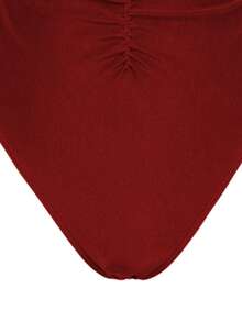 Swim Oasis 2pcs/Set Sexy Solid Color V-Neck Ruched Spaghetti Strap Bandeau One-Piece Swimsuit & Front Twist Slit Beach Dress Set - Red - View 4