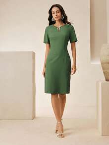 Anewsta New Summer Round Neck V-Neck Bow Design Cinched Waist Elegant Green Sequin Short Sleeve Midi Dress, Suitable For Outfit, Party Dinner Date Festival - Green - View 5