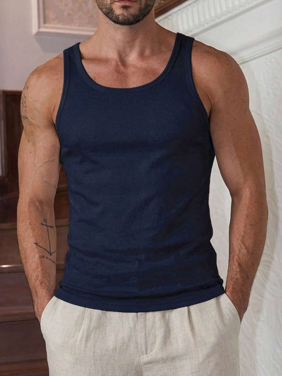 HIMLAND Men's Casual Solid Color Crew Neck Slim Fit Tank Top, Versatile For Summer, Vacation, Father's Day Gifts, Football - Blue - View 1