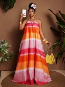 Maweii Plus Size European And American Style Versatile Sexy Printed Vacation Slip Dress - Pink - View 4