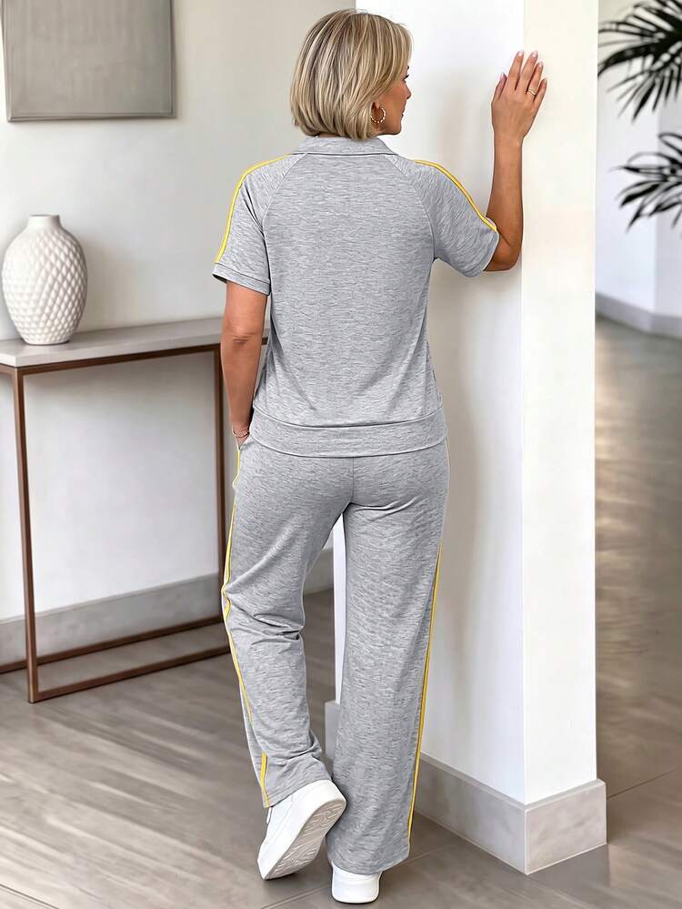 Middle-Aged & Elderly Women's Patchwork Zip-Up Short Sleeve Top And Pants Casual Daily Suit