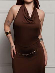 FER DURAN FER DURAN Women's New Sexy Backless Draped Neck Tie Strap Chain Decor Long Dress, Suitable For Daily, Commute, Party, Holiday - Coffee - View 3