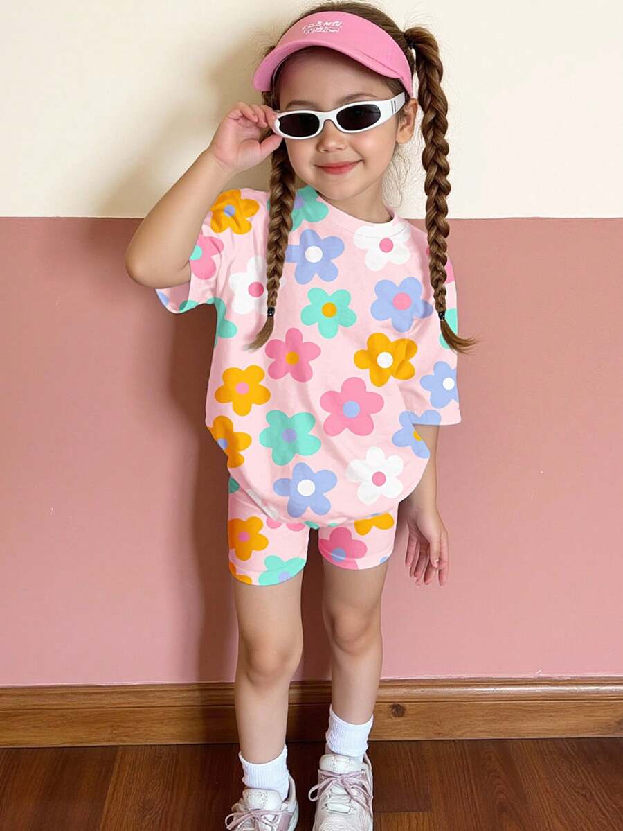 SHEIN Happikins 2pcs/Set Young Girl Casual Floral Print Short Sleeve Round Neck T-Shirt And Shorts Set, Suitable For Summer Summer Outfits - Multicolor - View 1