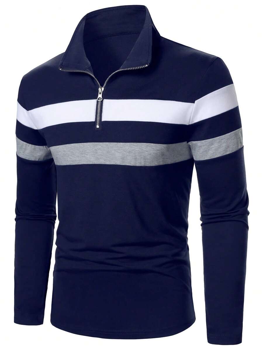 Manfinity Homme 男士休閒通勤對比條紋印花長袖半拉鍊 Polo 衫，春秋款，正式 - 彩色 - 查看 1