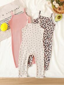SHEIN Conjunto de camiseta de tirantes acanalada y leggings a juego para hermana y madre, uso diario versátil y casual para niñas bebés, negro + gris jaspeado + estampado de leopardo - Multicolor - Ver 4