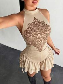 SHEIN SXY Áo liền quần nữ cỡ lớn in hoa, cổ yếm, bèo nhún, buộc dây phía trước, kiểu dáng thường ngày. - Màu Khaki - Xem 5