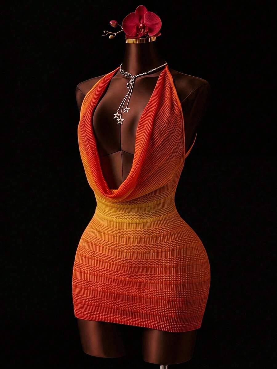 Zestiva Women's Ombre Halter Neck Casual Rave Beach Party Cover Up Dress Red Orange Summer - Orange - View 1
