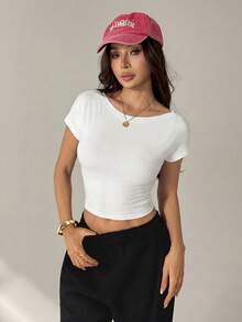 SHEIN PETITE Women's Casual Solid Color Backless Cropped T-Shirt, Summer,Summer Top - White - View 7