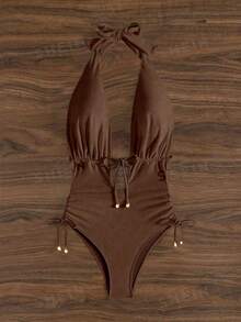 SHEIN Swim 女士夏季海滩度假风简约纯色扭结露背连体泳衣 - 棕色 - 查看 4