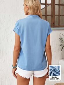 EMERY ROSE Women's V-Neck Single-Breasted Casual Everyday Denim Blouse - Blue - View 12