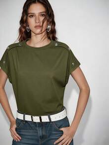 Lumivelle Camiseta casual de mujer de cuello redondo y botones de unicolor, primavera/verano - Verde - Ver 5