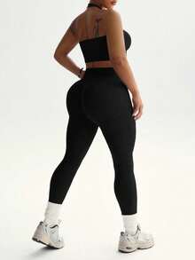 Dewbera Dewbera Plus Size Women Sexy Minimalist Solid Color Backless Halter Top And High Waist Leggings Sports Suit - Black - View 8