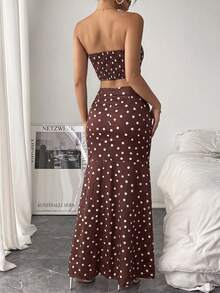 Pariaura Setelan 2 Potong Atasan Tube dengan Tali Serut di Depan dan Rok Belahan di Bagian Bawah Motif Polkadot Prancis, Musim Panas - Coffee Brown - View 2