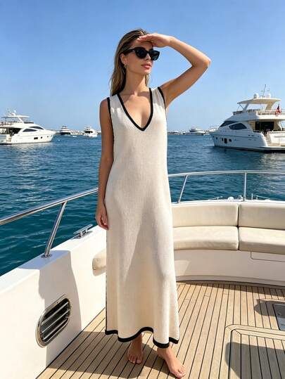 Pariaura Women's Summer Sleeveless V-Neck Knit Dress