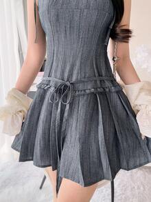 Vestido corto de mujer con camisola, cintura con lazo y volantes - Azul - Ver 9