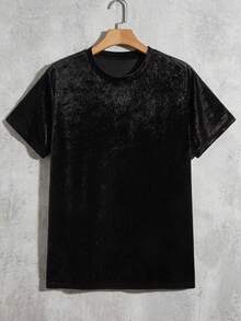 Manfinity VCAY Áo thun nhung cổ tròn cho nam, mùa hè, mùa thu/đông - màu đen - Xem 1