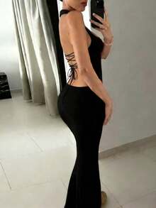 Zyxie Đầm maxi nữ cổ chữ V sâu, buộc dây sau lưng, xẻ cao. - màu đen - Xem 6