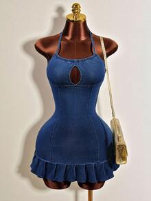 Mistrie Women's Denim Dress With High Slit - Dark Wash - View 7