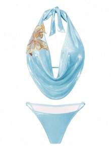 Swim Oasis 女士沙滩套装，粉色箔面面料，珠光闪亮，深V领露背比基尼上衣搭配高腰长裙，时尚休闲度假甜美优雅性感高级女士泳装套装 - 藍色 - 查看 4