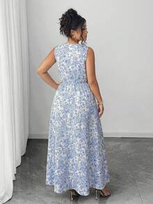 Elenzga Vestido de línea A con cintura ceñida, cuello en V y sin mangas con estampado floral elegante para mujer de talla grande, primavera temprana - Azul - Ver 2
