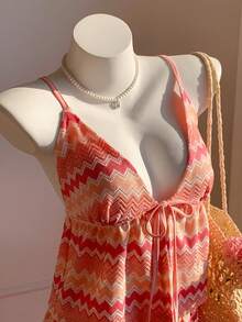 Comfortcana Women's Summer Beach Golf Vacation Colorblock Zigzag Print Twist Babydoll Cami Top Wide Leg Pants 2 Pieces Set Pastal Sexy - Multicolor - View 7