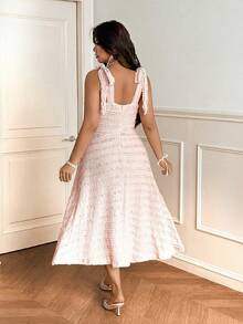 Vionelle Plus Size Women's Elegant Blush Pink Summer Formal Tea Party Dress,Bow Tie Shoulder Pleated Bust High Stretch Mid-Length Spaghetti Strap Jumper Dress - Pink - View 2