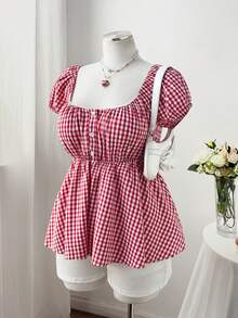 Sweetra Áo kiểu babydoll tay cánh hoa kẻ caro đỏ mùa hè mới, xếp ly eo, ngọt ngào và tôn dáng. - Đỏ - Xem 5