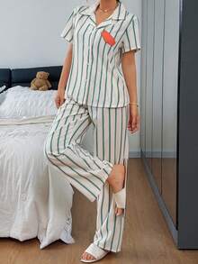 Napfluff Spring & Summer Casual Striped Lapel Cardigan Style Sleepwear Set For Women - Apricot - View 4