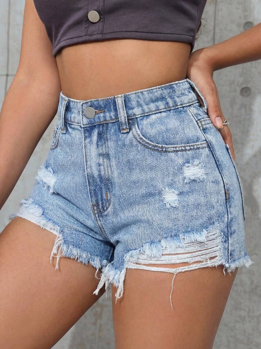 SHEIN 青少年女孩 Y2K 春夏假期淺色水洗休閒百搭破洞低腰毛邊牛仔短褲,夏季海灘波希米亞度假短褲,夏季音樂會節慶休閒電音派對,女孩夏季早午餐畢業典禮,節慶穿搭,優雅畢業禮服 - 淺色水洗藍 - 查看 1
