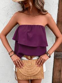 Breezaya Women's Solid Color Ruffle Hem Bandeau Top For Vacation - Purple - View 4