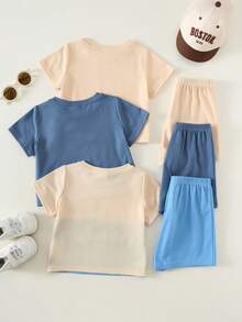 SHEIN 6pcs/Set Baby Boys/Girls Cute Solid Color & Contrast Color Short Sleeve T-Shirt And Elastic Waist Shorts Basic Outfit Set, Spring/Summer - Multicolor - View 2