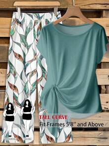 SHEIN Tall CURVE 大码夏季休闲纯色蝙蝠袖上衣和印花长裤两件套 - 彩色 - 查看 6