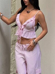 Women's Pink Striped Ruffle V-Neck Sleeveless Open Front Tie Design Sexy Blouse, Suitable For Casual, Holiday, Party, Summer Vacation Outfit - Pink - View 3
