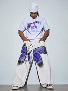 Modcrash 1pc American Street Style Men's Hand-Painted Wide Leg Jeans, Loose Fit Versatile Casual Denim Pants (Belt And Accessories Not Included) - White - View 7