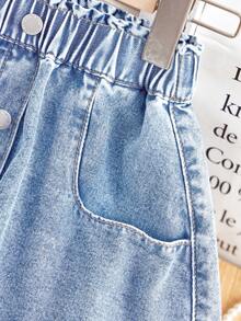 SHEIN Váy denim trơn có túi và cúc dành cho bé gái - Rửa nhẹ - Xem 5